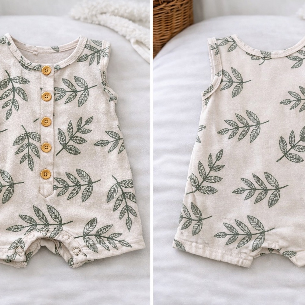 Minibeart Baby Romper – 3-6M – Leaf Print Button Front
